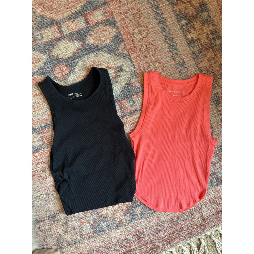 Set of 2  Aerie‎ American Eagle Ribbed Tank Tops Coral Pink Black Sz XS Top